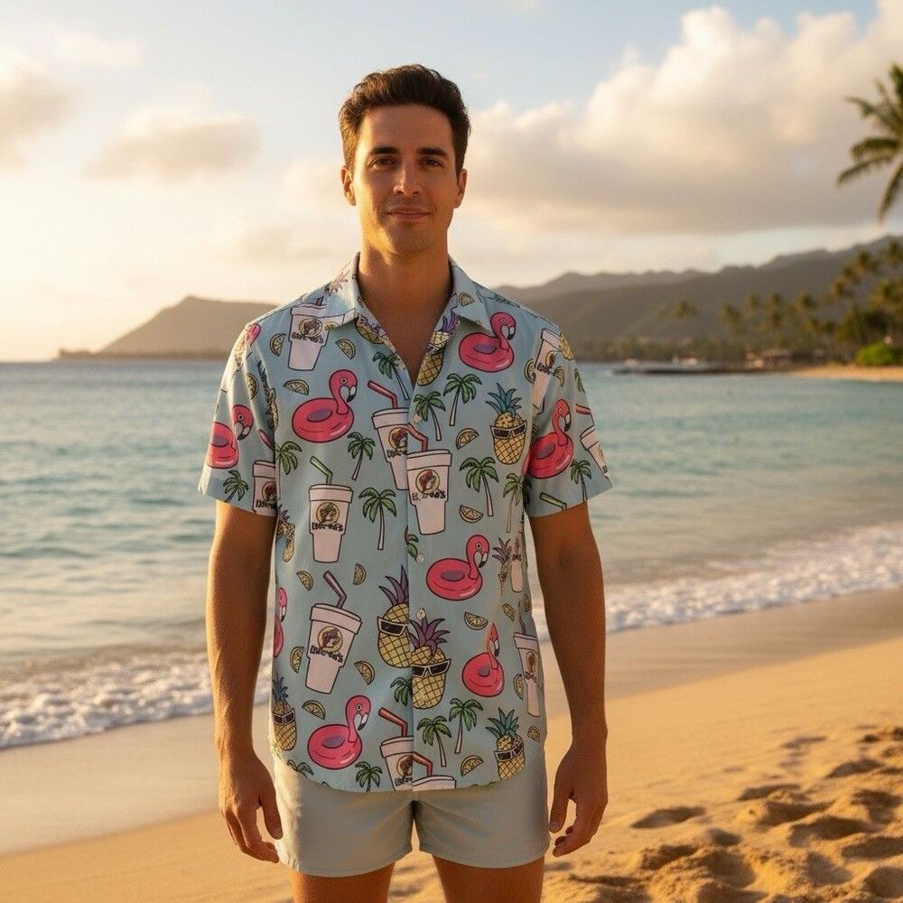Buc-ee's Hawaiian Shirt Size L Pink Flamingos Palms Drink Pineapples Button Up